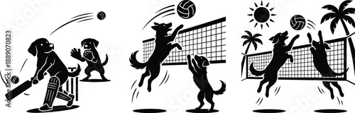 Dog Ball Games Silhouette Vector Set – Cricket, Volleyball, and Beach Volleyball Canine Illustration