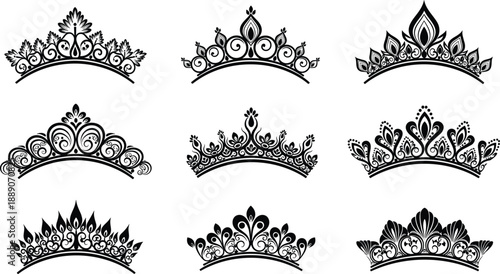 Collection of elegant ornamental crown and tiara silhouettes featuring decorative royal headpieces in black and white isolated vector illustration set