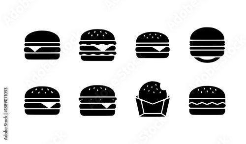 Black hamburger silhouette fast food icon vector set isolated on white