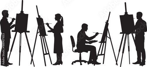 Black silhouettes of diverse artists painting on easels in art studio class isolated on white background for creative education hobby and fine arts workshop