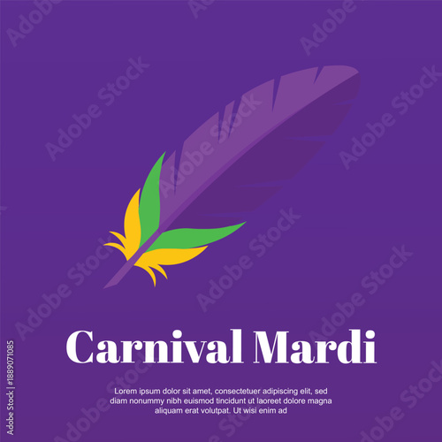 Carnival Mardi Gras Vector Poster, Festive Feather Plume Illustration, Purple Celebration Design