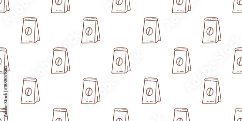 Vector seamless pattern with coffee bag on white background. Hand drawn brown outline packaging texture for cafe branding, shop label, textile, wrapping paper and modern coffee shop design.