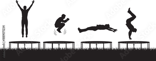 Black silhouettes of diverse men jumping on trampolines in various acrobatic poses and tricks on grass isolated on white background for fun and fitness concept