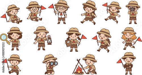 Cute Scout Children Character Set Vector Illustration with Kids Camping Hiking and Exploring Outdoors for Summer Camp and Educational Design