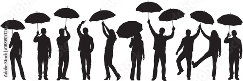 Black silhouettes of diverse people holding umbrellas in various poses isolated on white background for weather protection insurance safety and community concept design