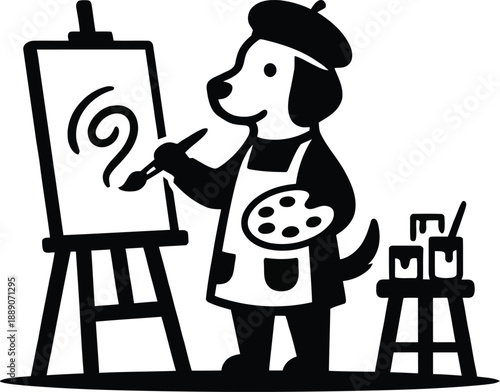 Dog Art Teacher Silhouette Vector – Creative Canine with Paintbrush and Easel Illustration