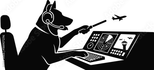 Dog Air Traffic Controller Silhouette Vector – Intelligent Canine with Headset Illustration