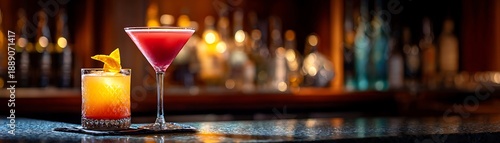 Two colorful mixed drinks rest upon a polished surface in front of a dimly lit bar display