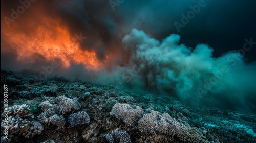 toxicology. A terrifyingly beautiful underwater scene where the coral reef is consumed by an acidic neon-green and orange haze. ESG reports.
