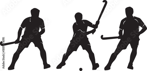 Three field hockey players in action silhouette