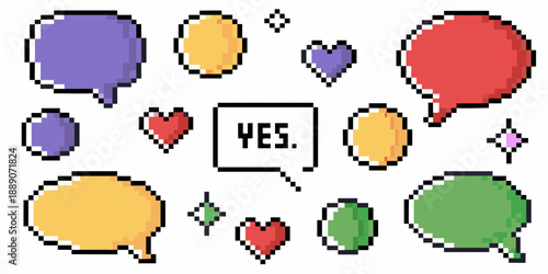 Colorful pixel art speech bubbles hearts and a yes message