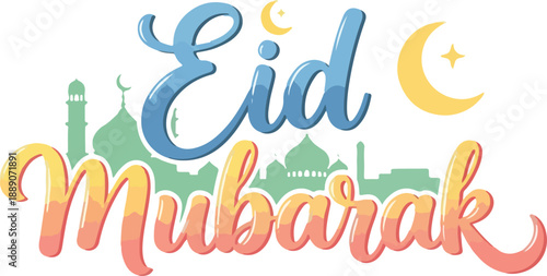 Colorful Eid Mubarak Typography with Mosque Skyline Silhouette and Crescent Moon for Kids Celebration