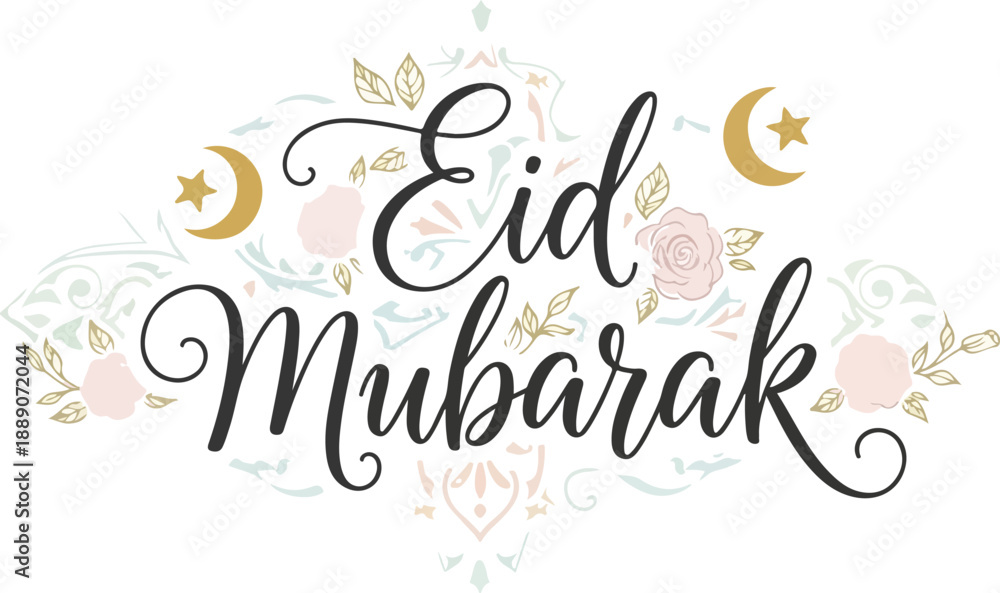 Obraz premium Luxury Eid Mubarak Banner with Gold Crescent Moon and Pink Rose Illustrations
