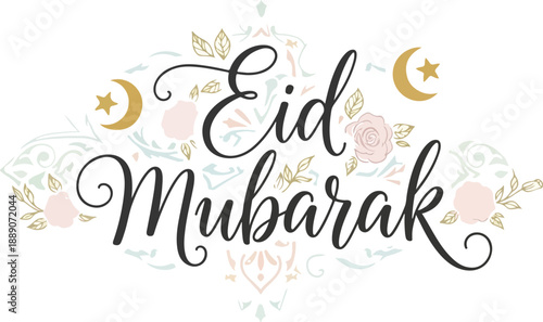 Luxury Eid Mubarak Banner with Gold Crescent Moon and Pink Rose Illustrations