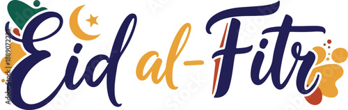 Modern Eid al-Fitr Greeting Typography with Vibrant Abstract Shapes and Crescent Moon Design