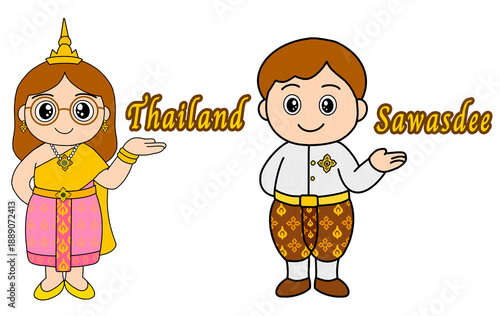 Cute cartoon illustration of Thai man and woman wearing traditional costumes, smiling and greeting with sawasdee gesture, representing Thai culture, heritage, and warm welcome.