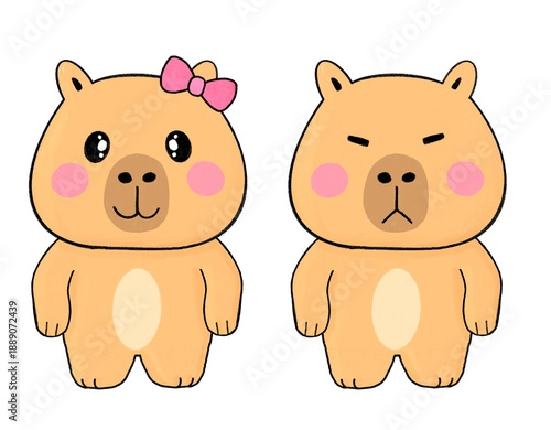 Adorable hand drawn capybara cartoon characters showing cute emotions, playful style, soft colors, suitable for stickers, kids design, and creative backgrounds.