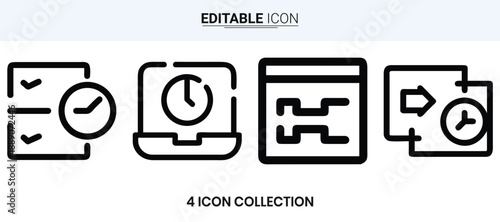 Four black and white outline icons representing scheduling time calendar and reminders