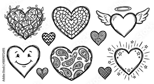 Artistic black and white heart doodles set, conveying love, romance, heartbreak, and affection through expressive sketches.