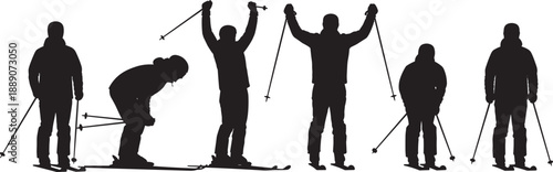 Large set of black silhouettes showing skiers in various poses including standing downhill skiing and celebrating with raised poles isolated on white background for winter.