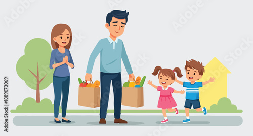 Happy Family Greeting Father Arriving Home with Groceries