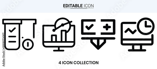 Four editable line icons representing medical testing data confirmation and time high quality