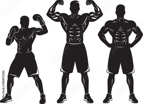 Set of athletic male silhouettes in various powerful poses including boxing bodybuilding and muscle flexing isolated on white background for fitness and strength concepts.