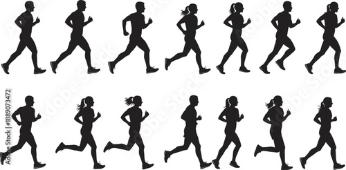 Set of black silhouettes featuring diverse men and women runners in various jogging motion poses isolated on white background for fitness and marathon concept