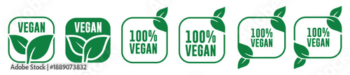 Vegan and 100% Vegan Food Labels and Badges Vector Set – Plant-Based Certification Icons	
