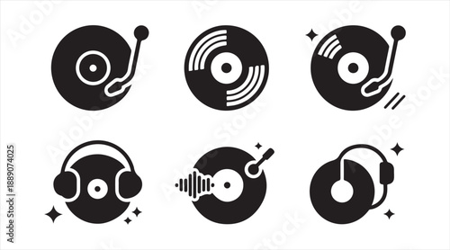 Music Turntable and Record Icon Set Isolated on White