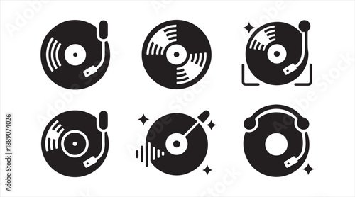 Modern Vinyl Disc and Turntable Symbols in Flat Design Style