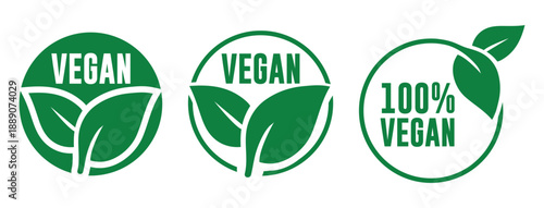 Vegan and 100% Vegan Food Labels and Badges Vector Set – Plant-Based Certification Icons	
