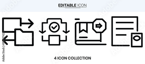 Four outlined icons depicting process flow checklist document and settings high quality professional
