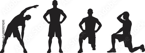 Set of black silhouettes showing athletic men in different exercise poses including stretching and lunging isolated on white background for health and fitness concepts.