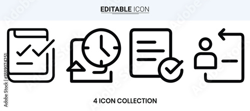 Four linear icons depicting tasks time management lists and user profiles high quality