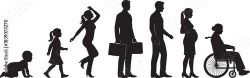 Set of black silhouettes showing human life cycle stages from a crawling baby and playing child to a businessman pregnant woman and elderly in wheelchair.