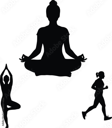 Silhouettes of women practicing yoga and running isolated on transparent background silhouette design.
