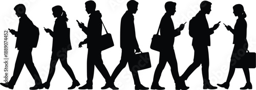 Silhouettes of business people walking and using mobile phones while carrying bags silhouette design.