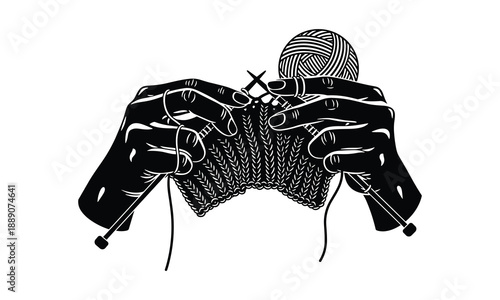 Close-up of hands knitting a textured fabric with yarn and needles, cozy hobby