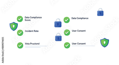 Data security and compliance icons with encryption locks and shield emblems representing data protection and privacy