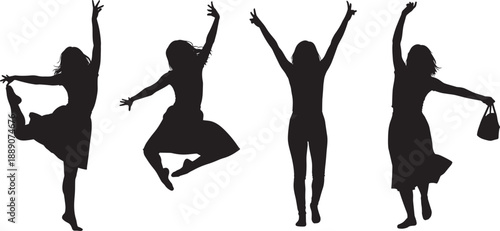 Set of elegant female silhouettes in various joyful dance poses and jumping movements isolated on white background for performing arts celebration and happiness concepts.