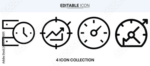 Four linear icons depicting time growth data and progress concepts in a row