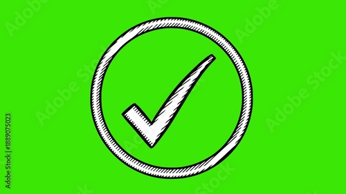 trendy checkmark animation designed in black and white hand drawn style. circular checklist symbol on green screen chroma key background. professional sketch element for success and approval