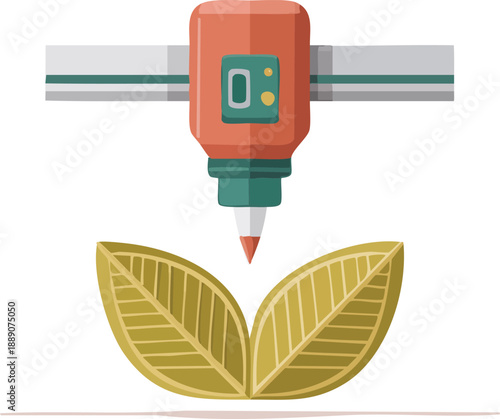 A 3D printer creating two golden-green leaves, symbolizing bio-printing, sustainable technology, and the future of agriculture.