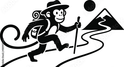 Cartoon Monkey Hiking Silhouette Vector – Adventurous Primate with Backpack Illustration