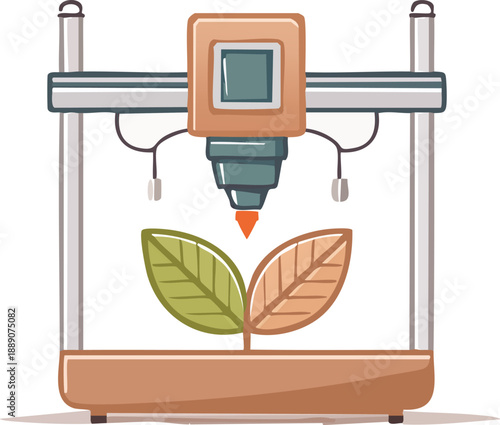 A 3D printer-like machine creating or interacting with a plant, featuring one green leaf and one brown leaf, symbolizing growth and decay or artificial nature.