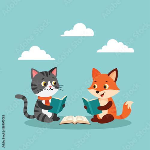 Friendly Cat and Fox Reading Together