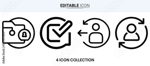 Four linear icons representing document check user profile and recycle concepts high quality