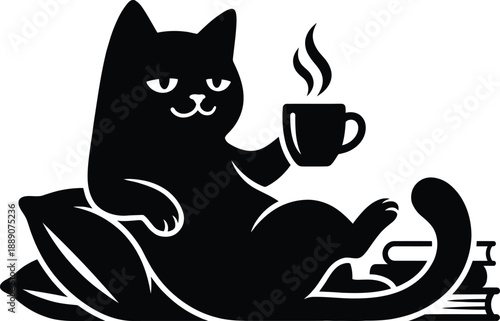 Cartoon Cat Drinking Coffee Silhouette Vector – Relaxed Feline with Mug Illustration