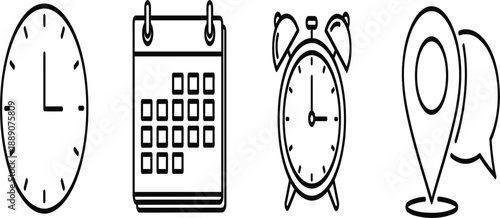 Time and Planning Outline Icon Set with Wall Clock, Calendar, Alarm Clock, Location Pin, and Chat Bubble Symbols for Scheduling, Reminders, and User Interface Design